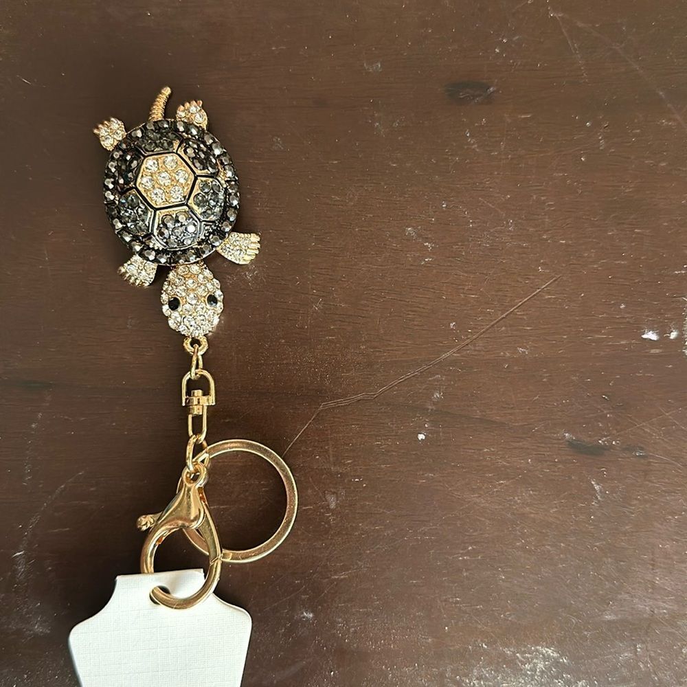 Turtle Keychain Faux Gold with Black & Clear Crystals Sparkly Animal Bag Charm
